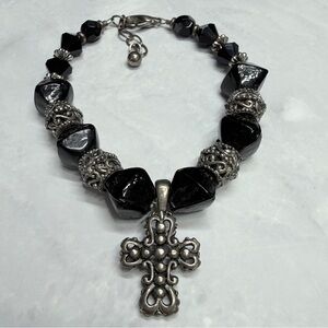 🚨3 for $15🚨 Black and Silver Tone Beaded Bracelet with Cross Pendant